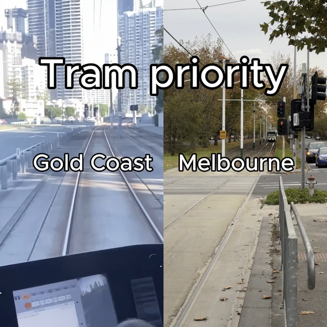 Video showing Gold Coast trams moving quickly through traffic lights, and a Melbourne tram waiting.